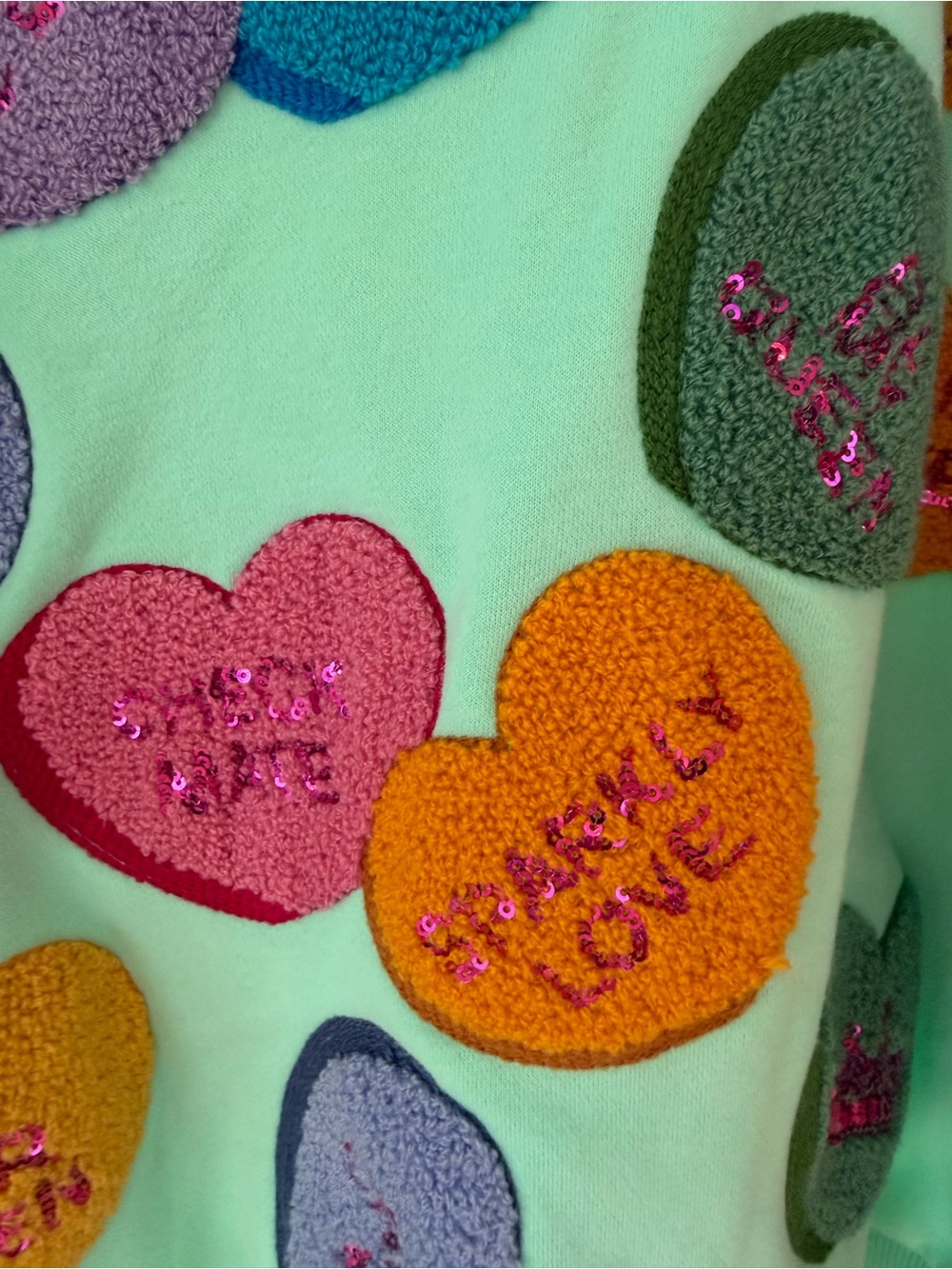 QUEEN OF SPARKLES Mint Green Heart Patch Sequin Sweatshirt - Picture 3 of 3